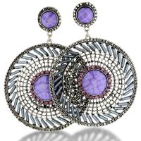 Silver Tone 3.5 inch Purple Bead Medallion Drop Earrings