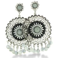 Unique Round 3 Inch Antique Finish Grey Beaded Dangle Earrings