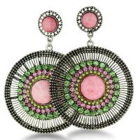 Vibrant Antique Finish  3 Inch Pastel Beaded Medallion Drop Earrings