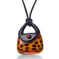 Leopard Print Murano Glass Purse Pendant on 19 Inch Black Leather Cord Necklace