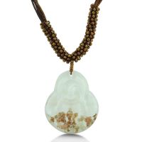 White and Gold Murano Glass Jolly Buddha Pendant on 19 Inch Beaded Cord Necklace