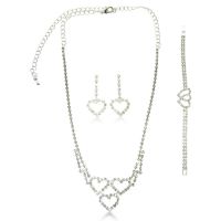 Triple Heart Rhinestone Necklace and Dangle Earring Bridal Ensemble, With Free Interlocking Heart Bracelet