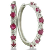 1.8ct Ruby And Diamond Hoop Earrings In Sterling Silver, 1 Inch