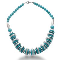 Trendy Turquoise Disc and Silver Tone Beaded Necklace, 18 Inches