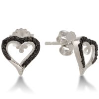 Sterling Silver Black And White Diamond Heart Stud Earrings