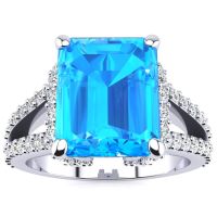 8 3/4ct Emerald Cut Blue Topaz and Diamond Ring Crafted In Solid 14K White Gold