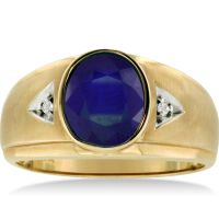 2 1/2ct Oval Created Sapphire and Diamond Men's Ring Crafted In Solid Yellow Gold