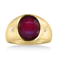 4 1/2ct Oval Created Ruby and Diamond Men's Ring Crafted In Solid Yellow Gold