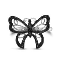 Black Diamond Butterfly Ring Crafted In Solid Sterling Silver