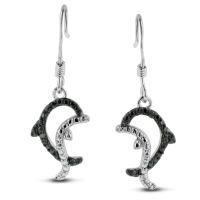 Black Diamond Dolphin Earrings Crafted In Solid Sterling Silver