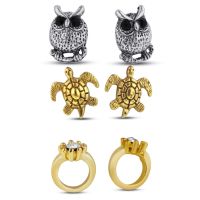 Set Of Three Earrings - Owl, Turtle and Crystal Ring
