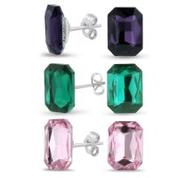 Set Of Three Amethyst, Emerald and Pink Topaz Colored Emerald Shape Stud Earrings