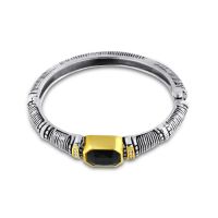 Two-Tone Cable Bangle Bracelet With Large Black Stone and Crystals