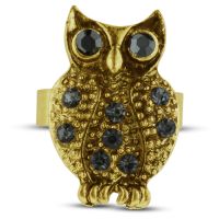 Brushed Gold Owl Ring With Purple Crystals, Ring Sizes 5-9