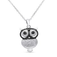 Black and White Diamond Owl Necklace Crafted In Solid Sterling Silver, 18 Inches