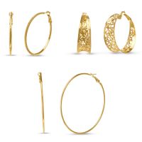 Set Of Three Funky Gold Tone Hoop Earrings - 1 1/2 and 2 1/2 Inch Lengths