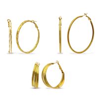 Set Of Three Unique Gold Tone Hoop Earrings - 1 1/2, 2 and 2 1/2 Inches