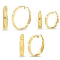 Set Of Three Flower Stamped Gold Tone Hoop Earrings - 1 1/2, 2 and 2 1/2 Inches