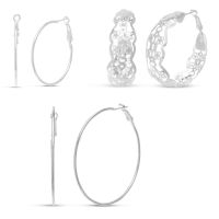 Set Of Three Funky Silver Tone Hoop Earrings - 1 1/2 and 2 1/2 Inch Lengths