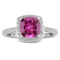 2 3/4ct Cushion Cut Created Pink Sapphire and Diamond Ring in Sterling Silver