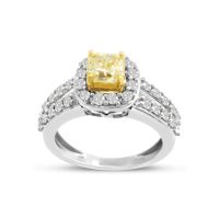 1 1/2ct Cushion Cut Canary Yellow Diamond Halo Split Shank Engagement Ring Crafted In Solid 14 Karat White Gold
