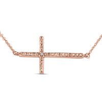 Women's Sideways Cross Necklace With Diamonds On 18 Inch Rose Gold Chain