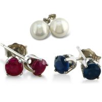 4th of July Special: 1/2ct Ruby Studs, 12MM Shell Pearl Earrings and 1/2ct Sapphire Studs