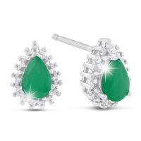 1 Carat Pear Shape Emerald and Diamond Halo Stud Earrings In Sterling Silver