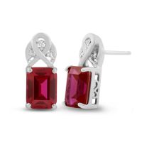 4 Carat Emerald Shape Created Ruby and Diamond Earrings In Sterling Silver