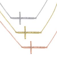 Women's Sideways Cross Necklace With Diamonds On 18 Inch Chain, Buy one, get two free.  One in White, one in Rose, one in Yellow