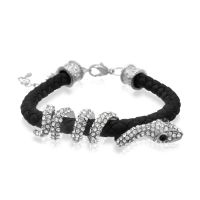 Silver Plated Slithering Crystal Snake and Leather Bracelet, 7 inches