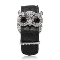 Black Leather and Crystal Owl Cuff Bracelet