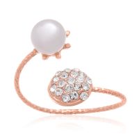 Pearl and Pave Crystal Bangle Ring In Rose Gold Oerlay