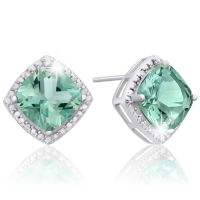 3 3/4 Carat Cushion Cut Green Amethyst and Diamond Earrings In Sterling Silver