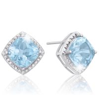3 3/4 Carat Cushion Cut Blue Topaz and Diamond Earrings In Sterling Silver