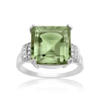 5 Carat Cushion Cut Green Amethyst and Diamond Ring In Sterling Silver