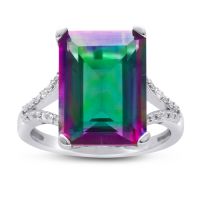 10ct Emerald Shape Mystic Topaz and Diamond Ring In Sterling Silver