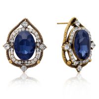 Ornate Swarovski Elements Blue Sapphire Halo Stud Earrings, Gold Overlay, Pushbacks