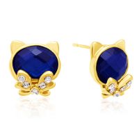 Swarovski Elements Blue Sapphire Cat Stud Earrings, Gold Overlay, Pushbacks