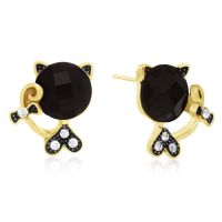 Swarovski Elements Black Onyx Sassy Cat Stud Earrings, Gold Overlay, Pushbacks