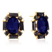Swarovski Elements Blue Sapphire and Black Onyx Stud Earrings, Gold Overlay, Pushbacks