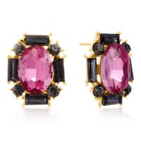Swarovski Elements Pink Topaz and Black Onyx Stud Earrings, Gold Overlay, Pushbacks