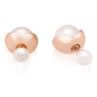 Double-Sided Pearl Stud Earrings, 14MM and 8MM, Rose Gold Overlay Flower Petal Setting