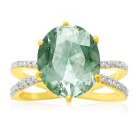 4 1/2 Carat Oval Shape Green Amethyst and Diamond Ring, Gold Overlay
