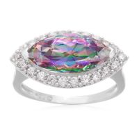 4 Carat Marquise Shape Mystic Topaz and Cubic Zirconia Ring, Platinum Overlay