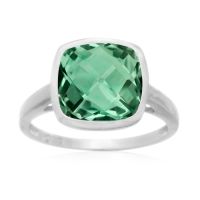 3.70 Carat Cushion Cut Green Amethyst Ring, Bezel Setting, Platinum Overlay