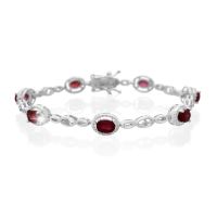 4 1/2 Carat Oval Shape Ruby and Halo Diamond Bracelet, Platinum Overlay, 7 Inches