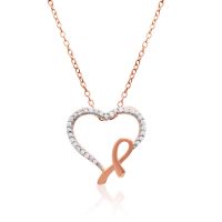 Awareness Ribbon and Diamond Heart Necklace in Rose Gold