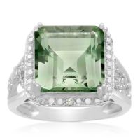 5 Carat Princess Shape Green Amethyst and Halo Diamond Ring In Sterling Silver
