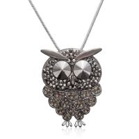 Gunmetal and Black Crystal Owl Necklace, 18 Inches